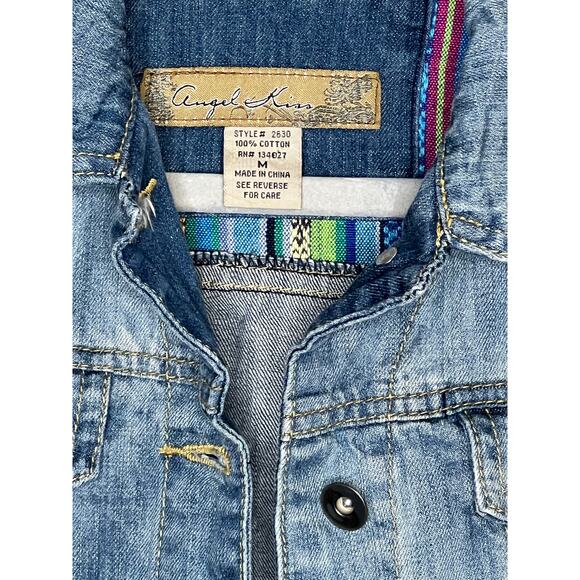 Women’s Angel Kiss Vintage Med Wash Denim Jacket with Patchwork, Sz M - Picture 4 of 9